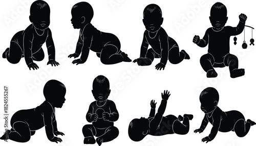 Vector set of adorable crawling baby silhouettes in various poses: sitting, playing, reaching, and tummy time, ideal for childhood, development, and nursery design.
