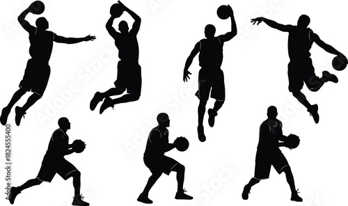 Dynamic Basketball Players Silhouettes Set, Capturing Jumping, Dribbling, and Shooting Action Poses for Sports, Competition, and Athletic Performance Concepts, Isolated on White Background.
