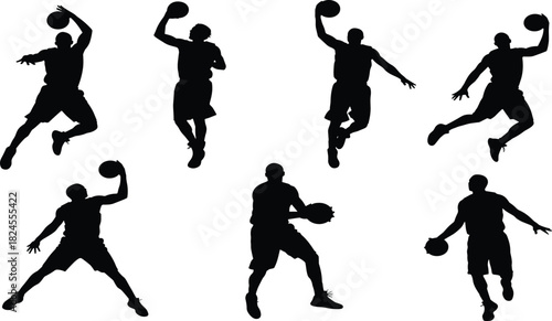 Vector set of dynamic basketball player silhouettes capturing action poses like jumping, shooting, and dunking, perfect for sports design and team athletics promotion.