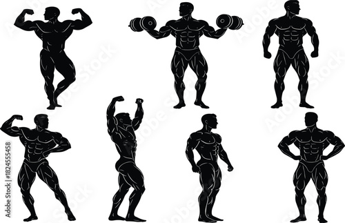 Vector set of male bodybuilder silhouettes in various flexing, posing, and weightlifting actions, emphasizing strength, muscle, fitness, and gym design.