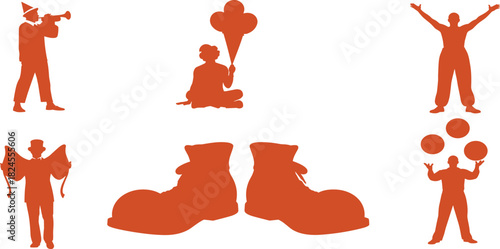 Fun Orange Clown Silhouettes Set, Showing Performers Playing Trumpet, Juggling, and Giant Shoes for Circus, Carnival, and Entertainment Concepts, Isolated on White Background.