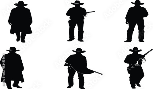 Set of Western Cowboy Silhouettes, Depicting Men in Long Coats and Hats Holding Rifles, Ideal for Wild West, Historical, and Adventure Concepts, Isolated on White Background.