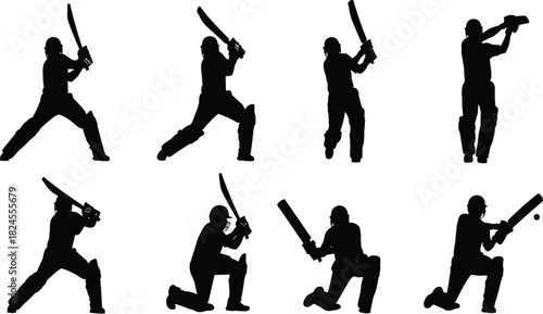 Vector set of dynamic cricket batsman silhouette players showcasing various shots, including forward defense and sweeping action for sport graphics and competition design.