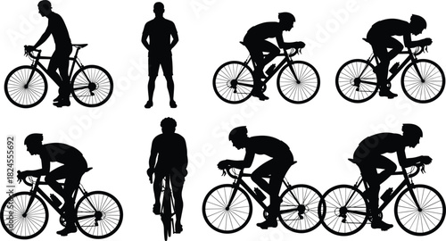 Vector set of dynamic cyclist silhouettes showing various riding and standing poses, including racing, mountain, and road cycling for sport design.