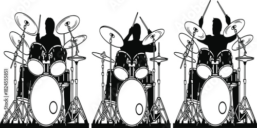 Black silhouette vector set of drummers playing a full drum kit, symbolizing rock music, performance, rhythm, concert energy, sound, and musical talent.