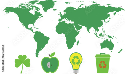 Green Vector World Map Illustrating Global Ecology, Environmental Protection, Recycling, Renewable Energy, and Sustainable Health and Wellness Concepts.