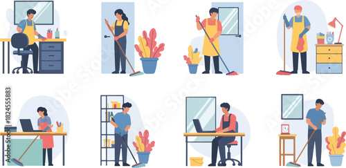 People Cleaning and Working in Modern Office and Home Environment