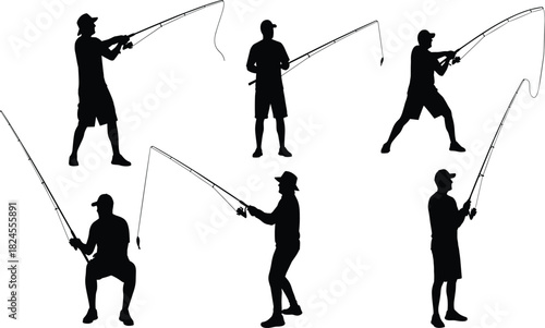 Six dynamic fishing silhouette vector graphics capturing various angler poses and actions, including standing, casting, and sitting for outdoor sport and leisure design.