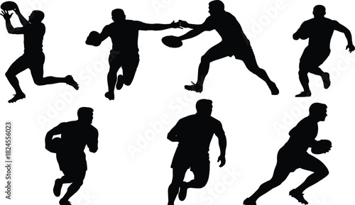 Set of Dynamic Football Player Silhouettes, Illustrating Running, Catching, and Passing Actions for Sports, Athletics, and Competitive Team Game Concepts, Isolated on White Background.