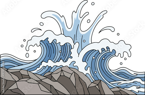 Stylized Illustration of Powerful Ocean Waves Crashing Against Jagged Rocks