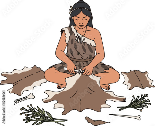 Prehistoric Woman Preparing Animal Hide with Stone Tool Illustration