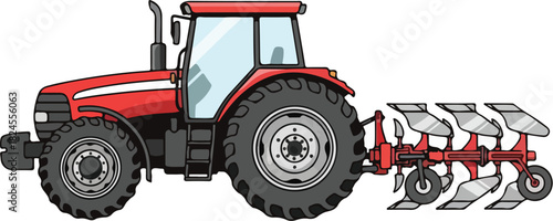 Vector Illustration of a Red Agricultural Tractor Pulling a Four Bottom Moldboard Plough