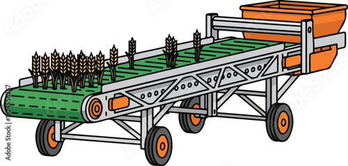 Cartoon Illustration of Mobile Grain Seed Corn Conveyor Belt Machine for Farming Harvest