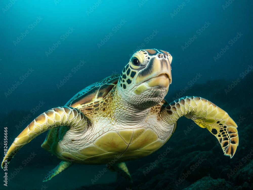 Obraz premium Majestic sea turtle gracefully swimming in ocean depths, a symbol of endurance and tranquility, perfect for conservation or travel related projects
