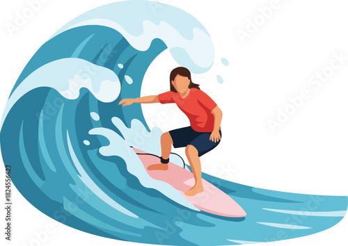 Illustration of a Surfer Riding a Big Ocean Wave in Action Sports Concept