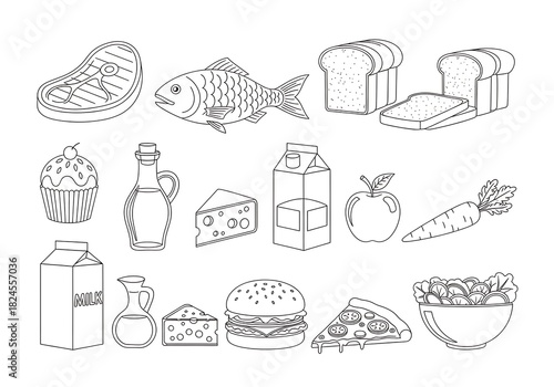 Line art illustration of various food items