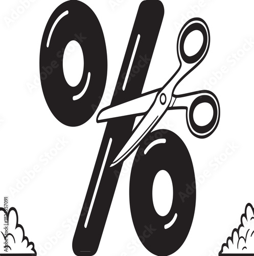Percentage vector symbol with scissors cutting through the vertical bar representing discount and sale promotion