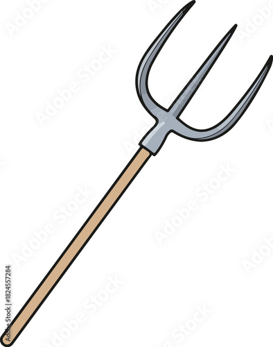 Cartoon Illustration of a Classic Garden Pitchfork with Wooden Handle Isolated on White