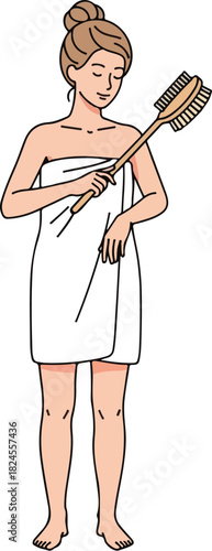 Woman Dry Brushing Her Skin with Long Handled Body Brush for Circulation and Exfoliation