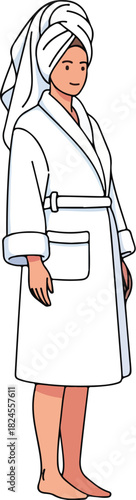 Woman in White Terry Cloth Bathrobe and Hair Towel After Shower or Spa Treatment