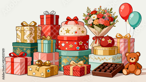 This festive illustration shows a colorful pile of gift boxes with various patterns (stars, snowflakes) and vibrant ribbons, creating a cheerful, holiday-themed scene perfect for celebrations.