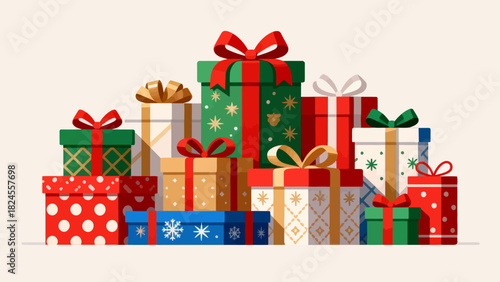 This festive illustration shows a colorful pile of gift boxes with various patterns (stars, snowflakes) and vibrant ribbons, creating a cheerful, holiday-themed scene perfect for celebrations.