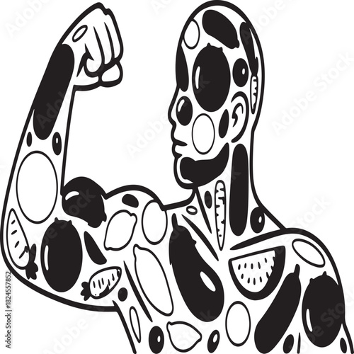 Muscular person vector silhouette filled with fruits and vegetables symbolizing strength and healthy nutrition