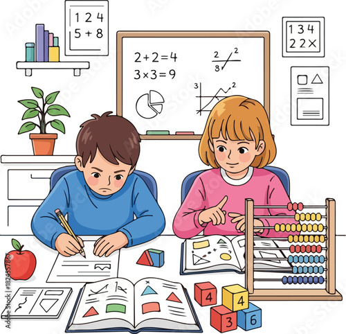 Children Studying Math Together Boy Writing and Girl Using an Abacus for Elementary Education