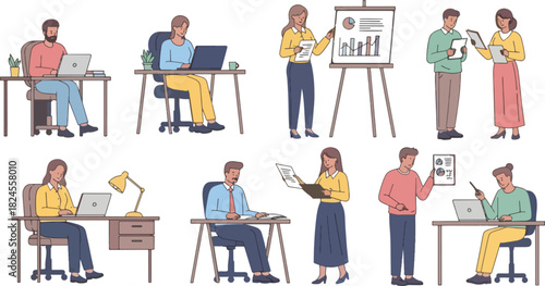 Group of Diverse Business Professionals Using Laptops and Presenting in Modern Office Setting