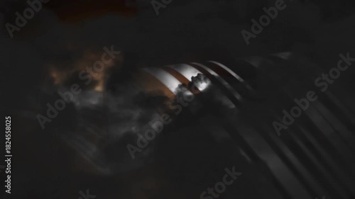 Reflection sweeping across ribs, smoke drifting, embers pulsing, fin rising, revealing curved ribs