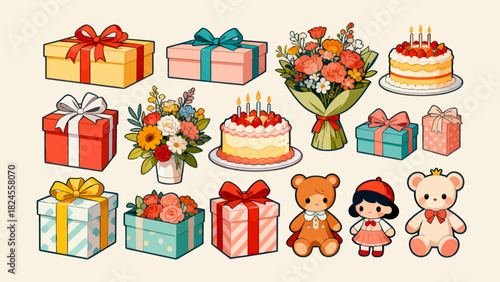 This festive illustration shows a colorful pile of gift boxes with various patterns (stars, snowflakes) and vibrant ribbons, creating a cheerful, holiday-themed scene perfect for celebrations.