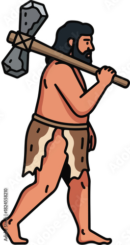 Caveman with Stone Axe Prehistoric Man Character Illustration