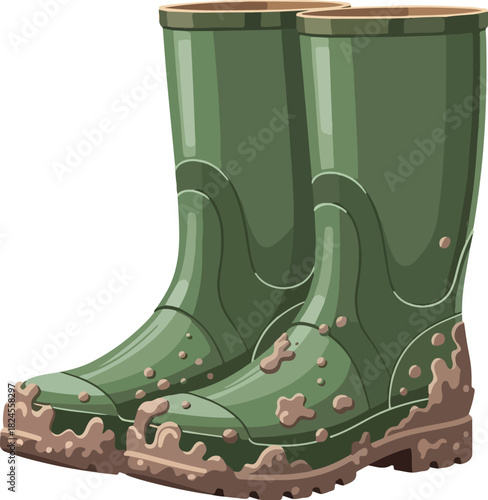 Pair of Dirty Green Rubber Wellingtons or Rain Boots Splattered with Mud