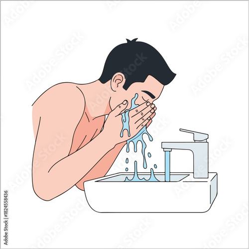 Man Washing Face with Water from Faucet in Bathroom Sink Daily Hygiene Routine Illustration