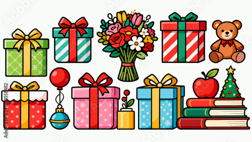 This festive illustration shows a colorful pile of gift boxes with various patterns (stars, snowflakes) and vibrant ribbons, creating a cheerful, holiday-themed scene perfect for celebrations.