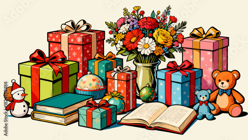 This festive illustration shows a colorful pile of gift boxes with various patterns (stars, snowflakes) and vibrant ribbons, creating a cheerful, holiday-themed scene perfect for celebrations.