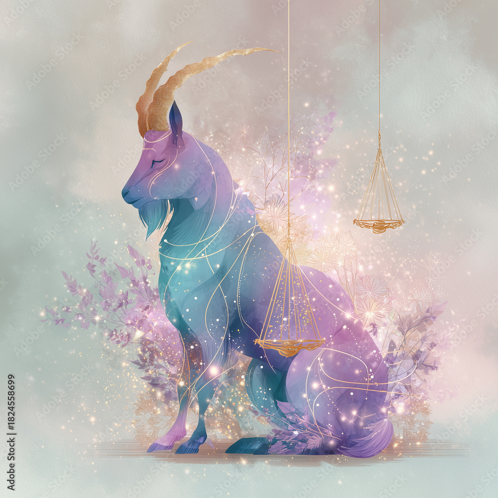 Fototapeta premium Sternzeichen Steinbock – künstlerische Illustrationen in pastelligen Farben und modernem Fantasy-Stil