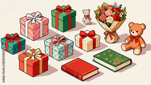 This festive illustration shows a colorful pile of gift boxes with various patterns (stars, snowflakes) and vibrant ribbons, creating a cheerful, holiday-themed scene perfect for celebrations.