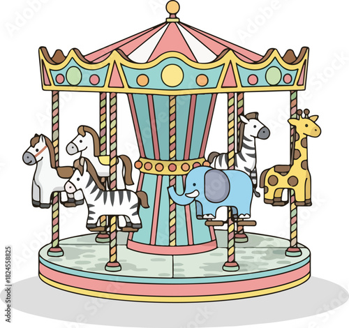 Cute Hand Drawn Carousel with Toy Animals Illustration for Kids Entertainment