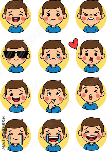 Cartoon Male Character Facial Expressions Vector Set
