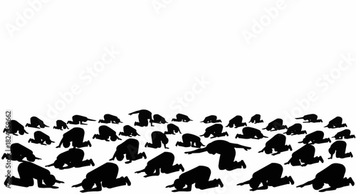Silhouetted figures of people bowing down in prayer, a spiritual gathering.