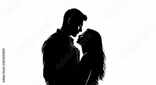 Silhouette of a loving couple embracing closely.