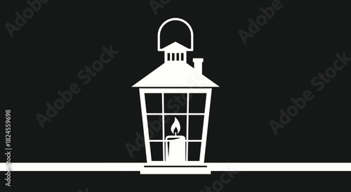 Traditional Lantern with Lit Candle Silhouette Vector, Winter Holiday Light and Cozy Ambiance Icon