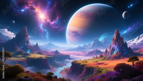 Wallpaper Mural Vibrant Alien Planet Landscape with Rings and Colorful Cosmic Skies Torontodigital.ca