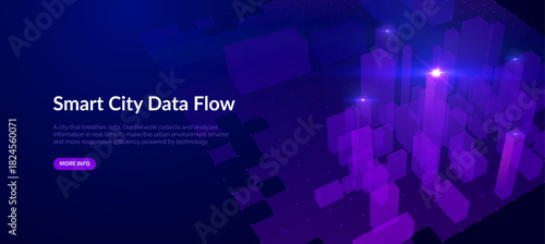 Blue violet futuristic cityscape with big data network flows vector background. Digital transformation metropolis skyline with data particles for technology presentations and fintech visualizations.