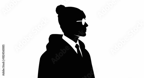 Silhouette of a person wearing glasses and a suit in profile.