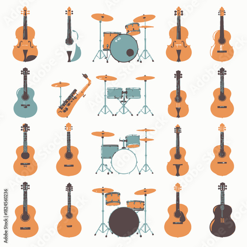 A collection of various musical instruments including guitars, saxophones, and drum sets arranged in rows on a white background in a flat design style.