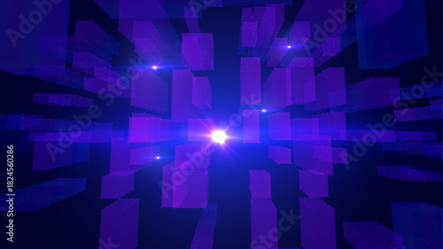 Blue violet futuristic vector background with big data network flows . Digital transformation metropolis skyline with data particles for technology presentations and fintech visualizations.