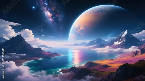 Wallpaper Mural Vibrant Alien Planet Landscape with Rings and Colorful Cosmic Skies Torontodigital.ca