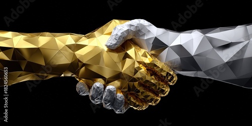 Digital handshake between golden and silver hands symbolizes unity and collaboration in a futuristic design